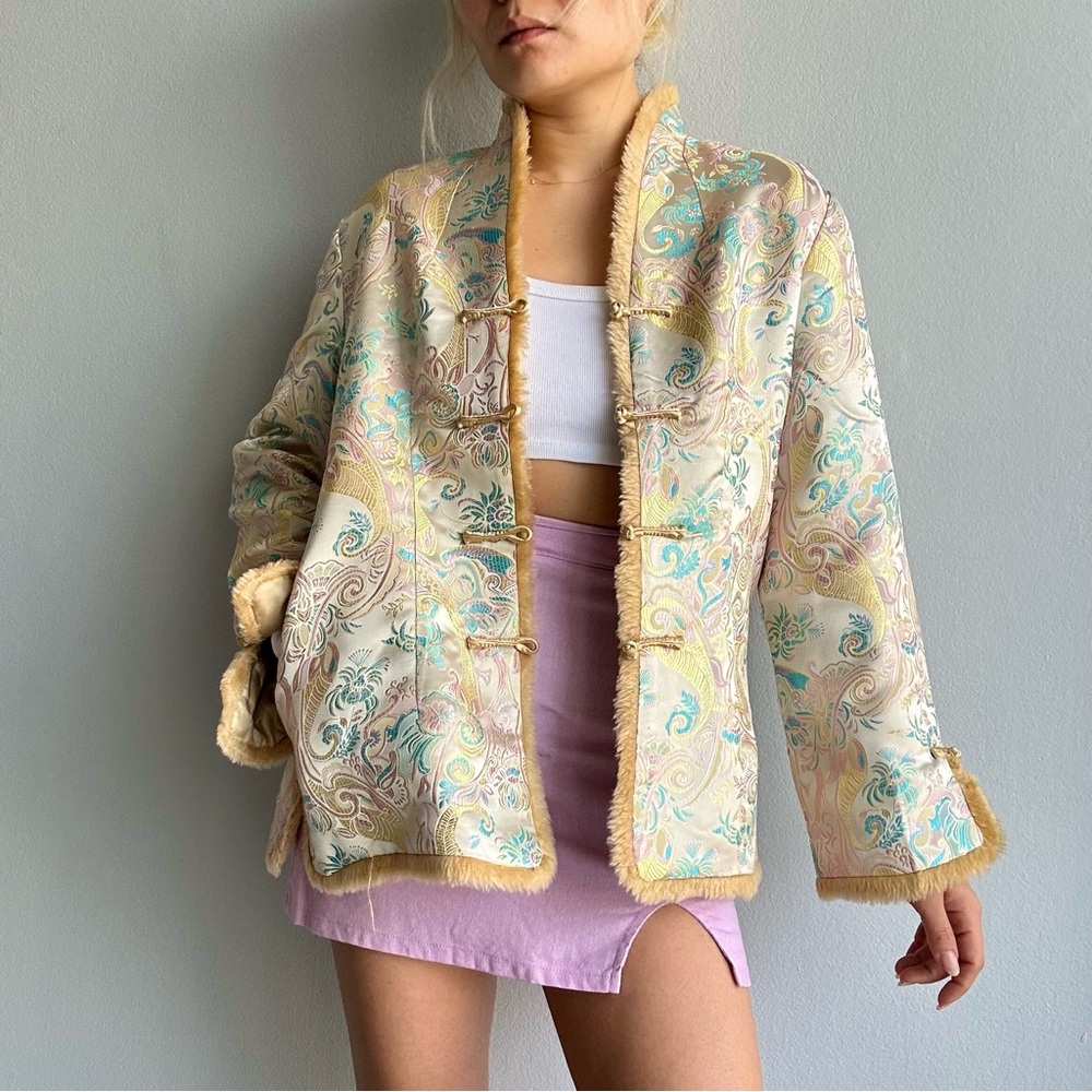 Vintage Oriental Satin Silk Jacquard Pastel Jacket w/ Faux Fur Trim In Gold